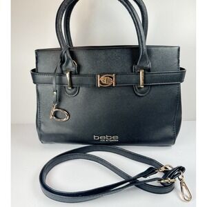 Bebe Evie Satchel Bag Black Structured Tote Crossbody Handbag Purse With Strap